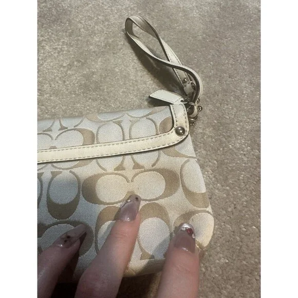 Coach Kristin Signature Wristlet Beige Canvas White Leather, Small Purse Bag - Picture 13 of 14